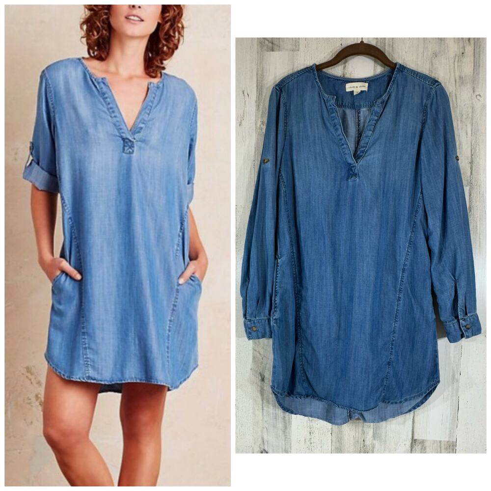 Cloth & Stone Elena Chambray Denim‎ Tunic Shirt Dress Size XS Roll Tab Sleeve